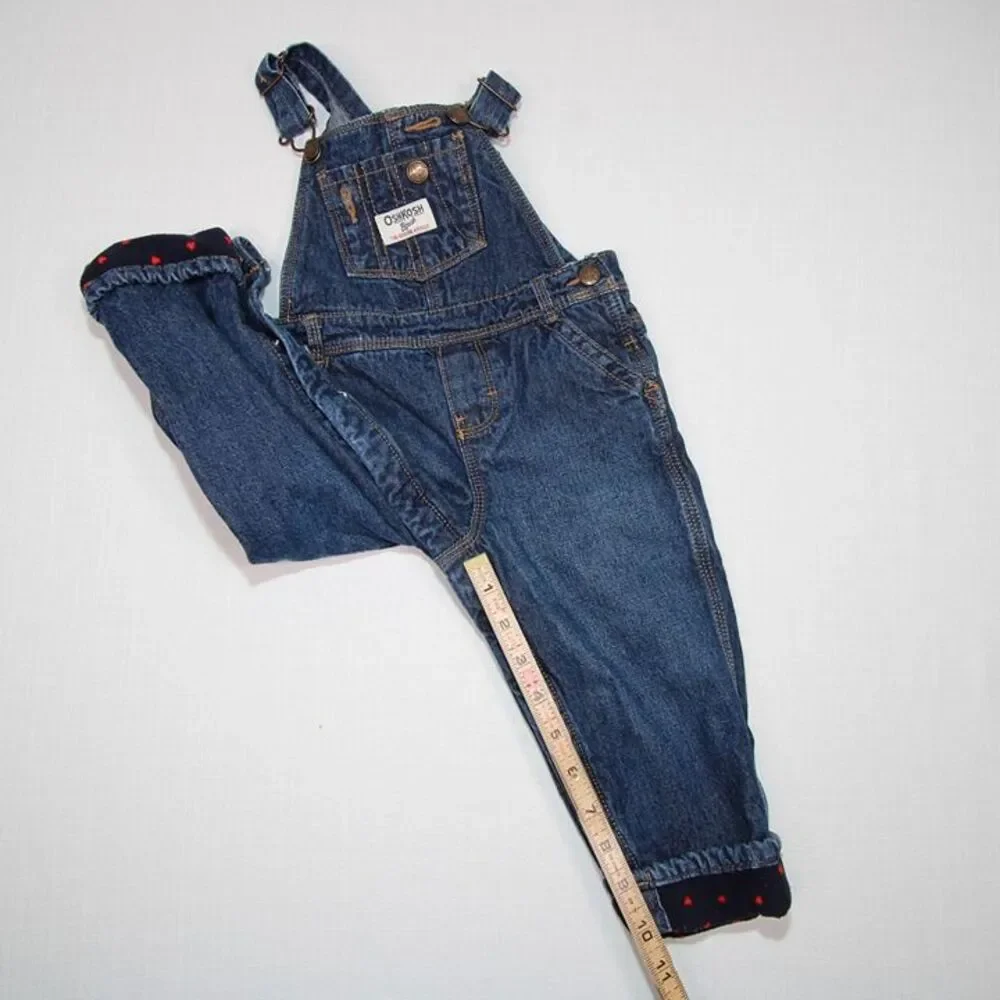 OshKosh Girls Denim Overalls Set 18M Red Plaid Heart Blue Fleece Lined 2pc